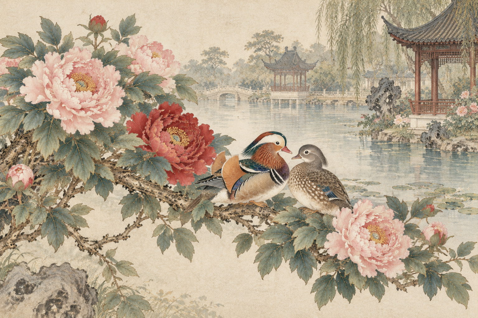 工笔重彩牡丹鸳鸯花鸟画