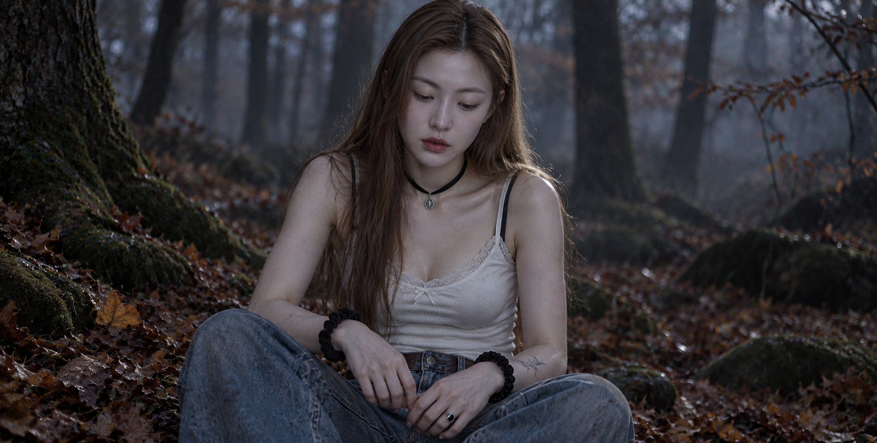 황혼의 가을 숲속 성인 고딕 여성 초상화