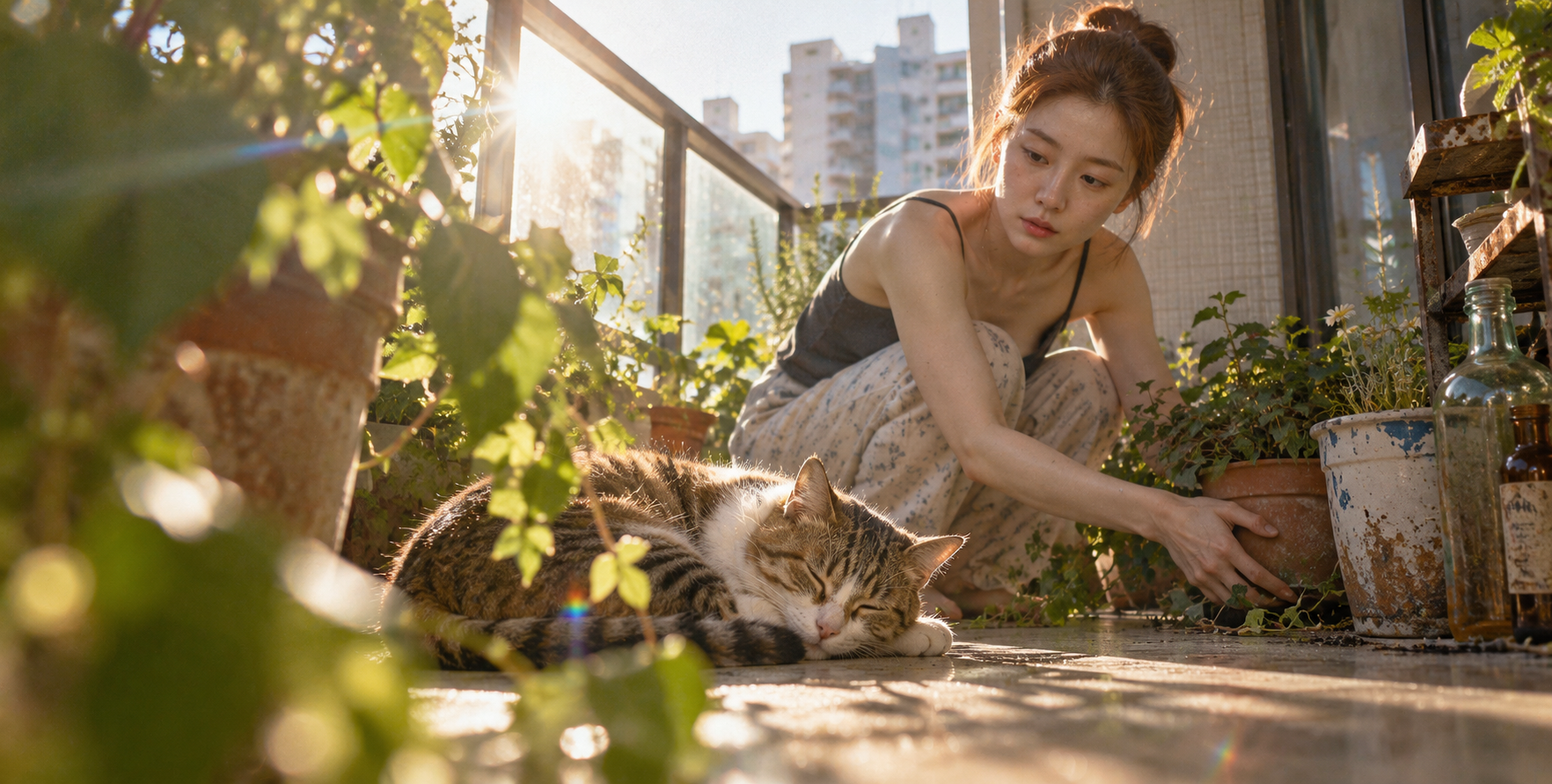 清晨狭窄公寓阳台猫与挪动花盆的主人