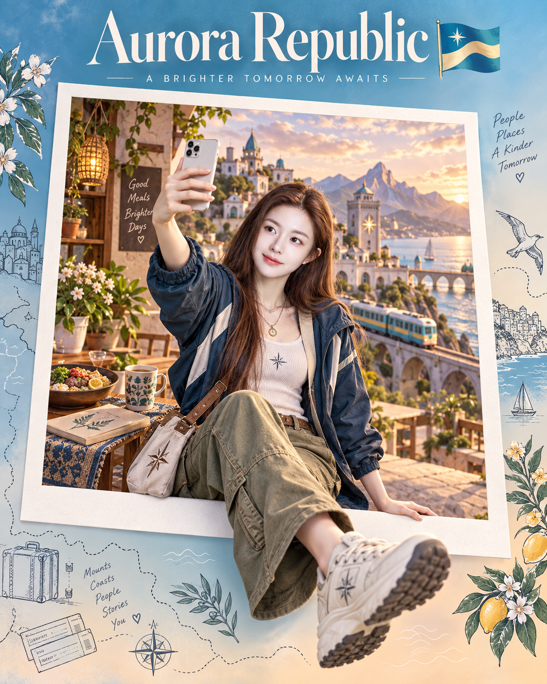 Fictional country instant-photo travel souvenir poster
