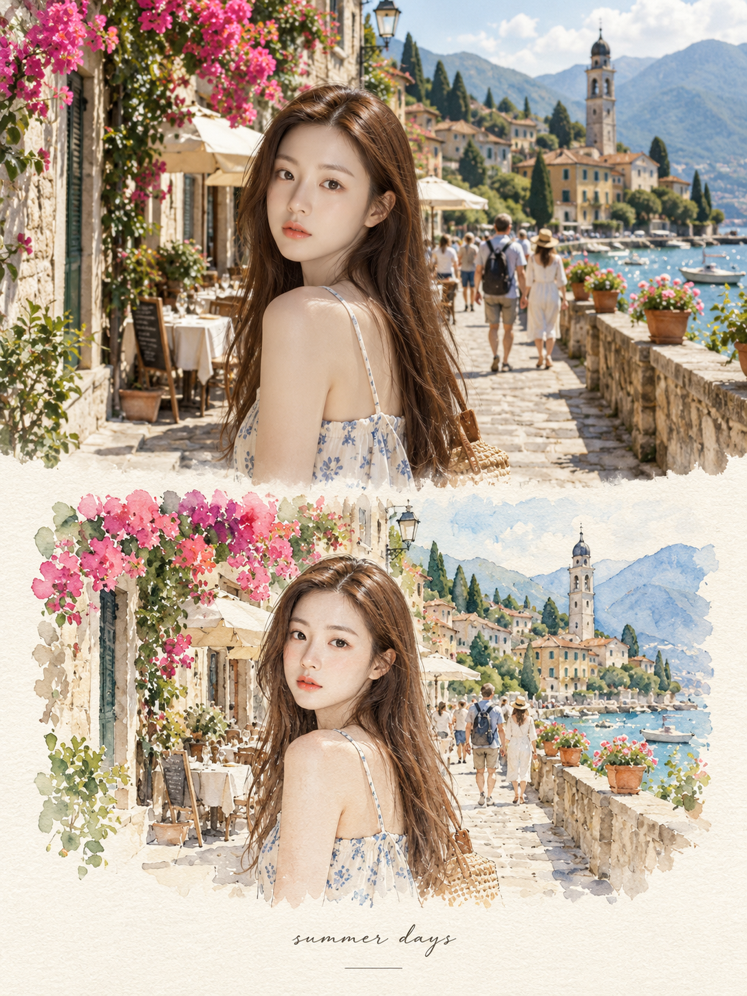 유럽 여행 사진과 수채화 엽서의 상하 분할 뷰