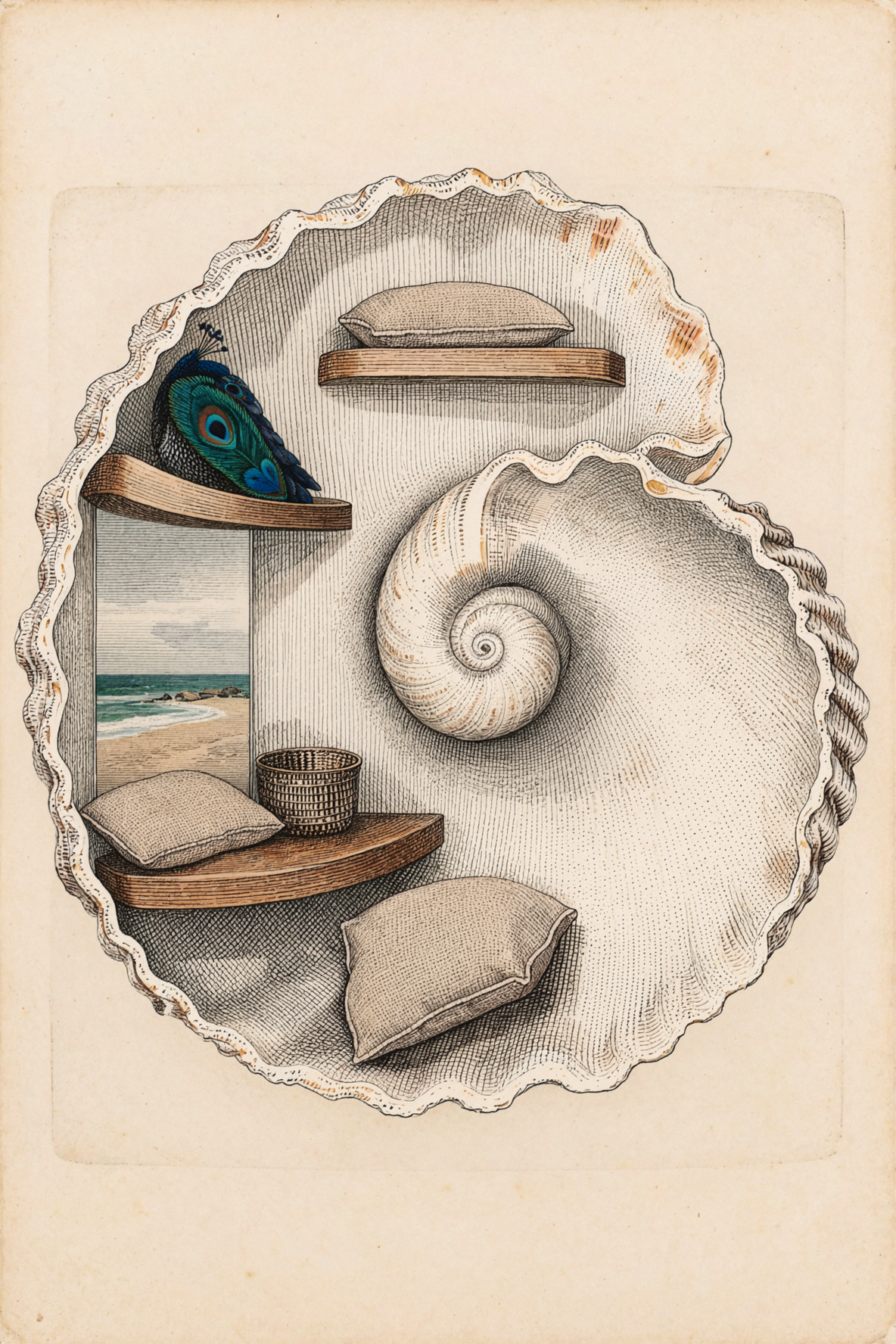 Cabinet de travail en coquillage géant · Gravure sur plaque de plomb — AI image creation