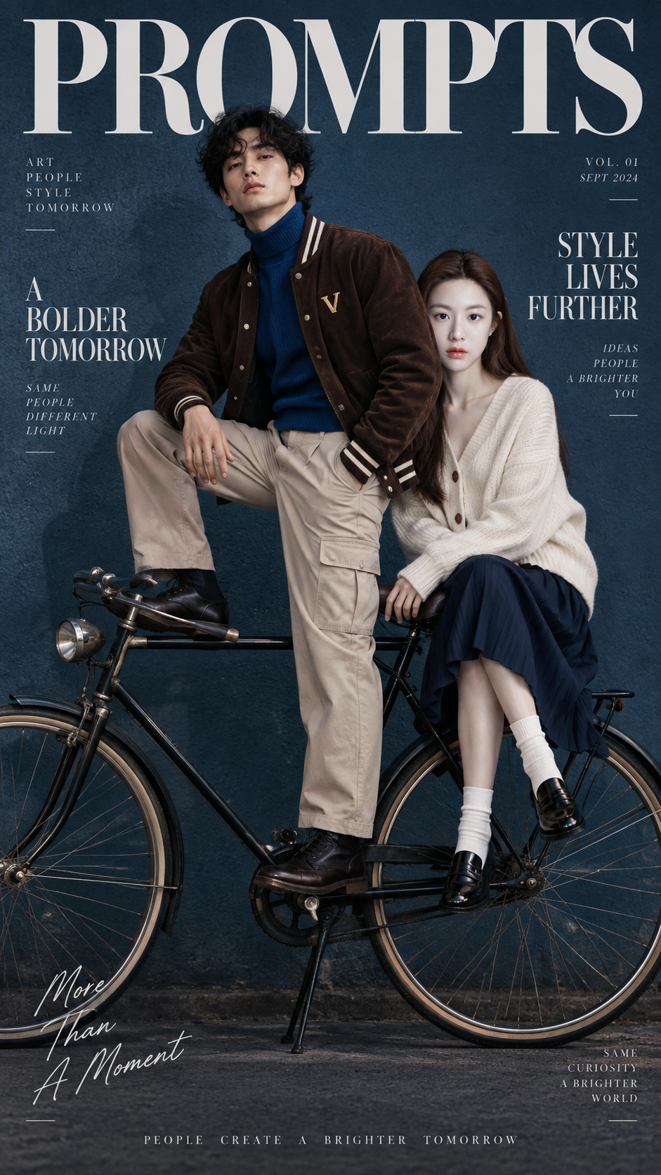 映画風ファッション誌の表紙 ヴィンテージ自転車と青年