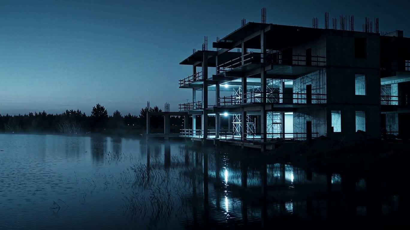 黎明湖畔的热成像未完建筑 — AI video creation