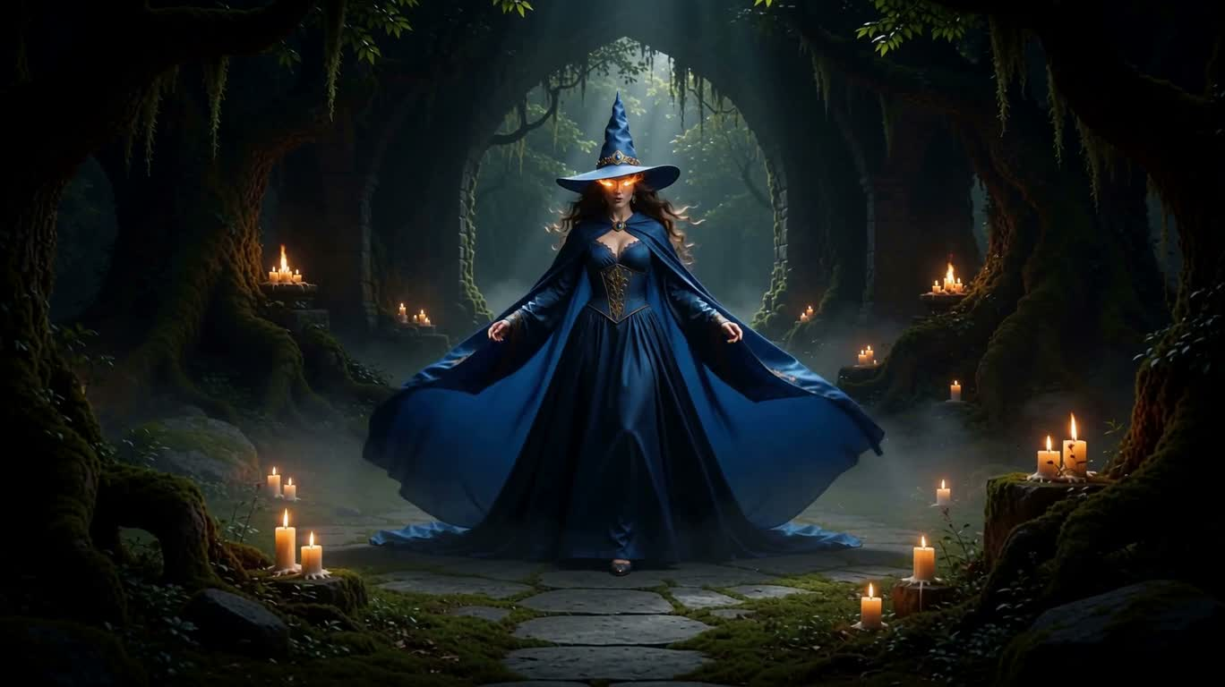 Sorcière aux yeux de feu en robe bleue