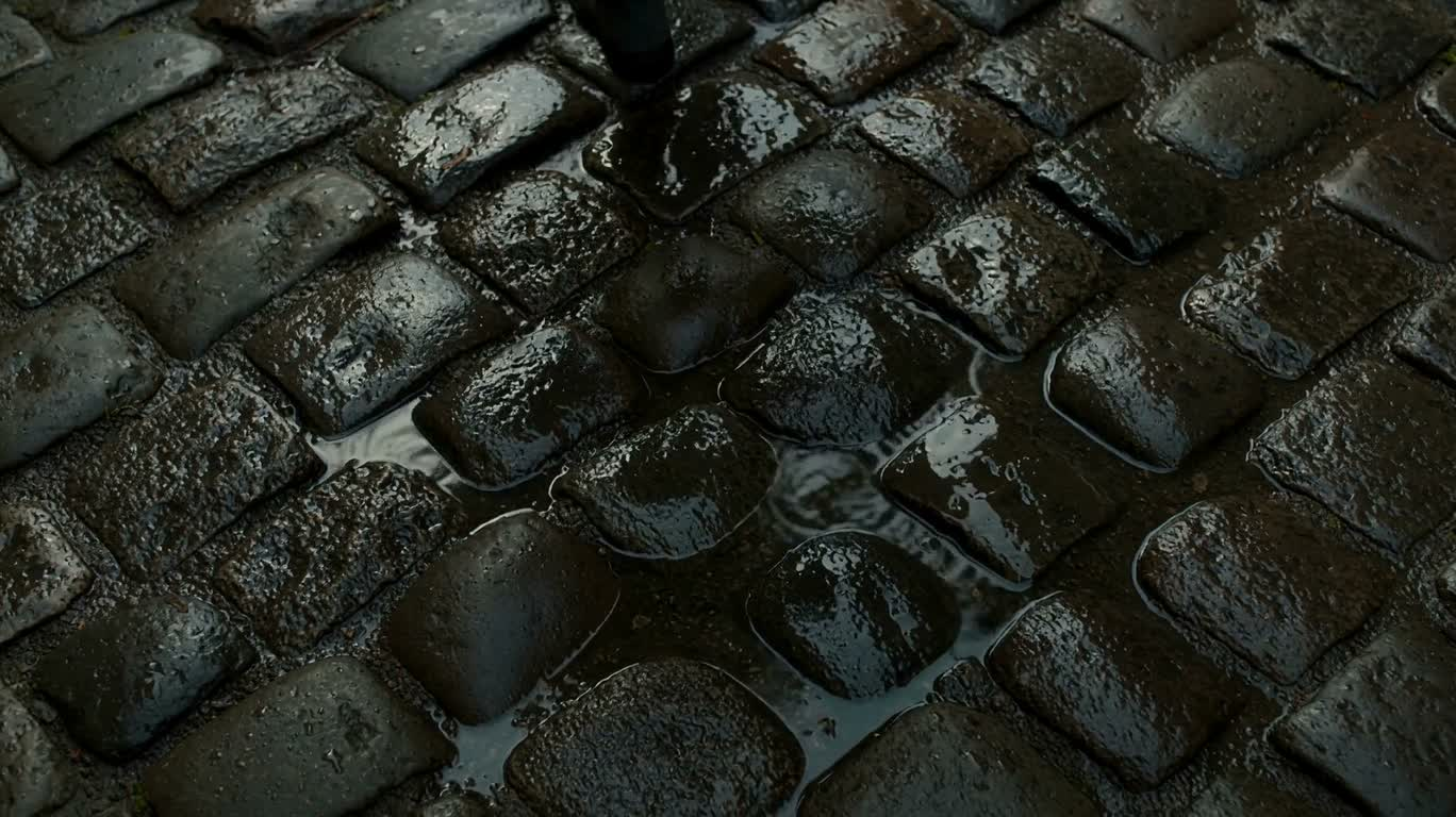 雨上がりの濡れた石畳 — AI video creation
