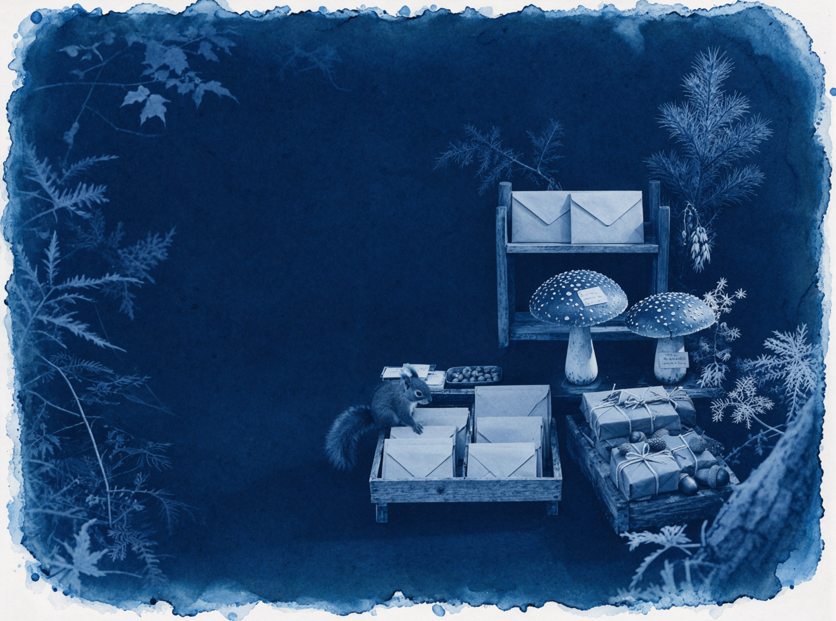 La poste des écureuils · Art cyanotype — AI image creation