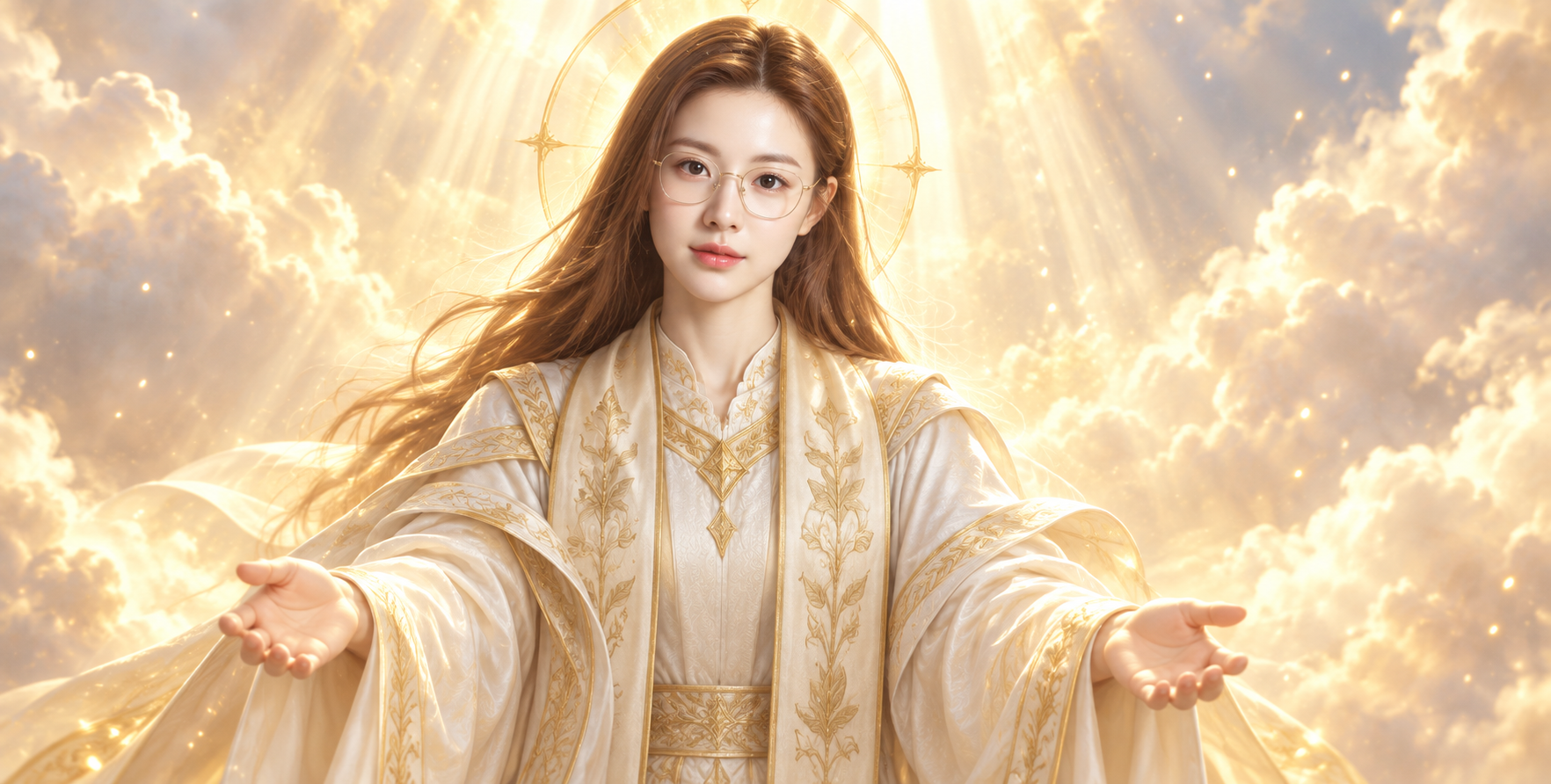 暖金疗愈光芒中的眼镜圣洁形象