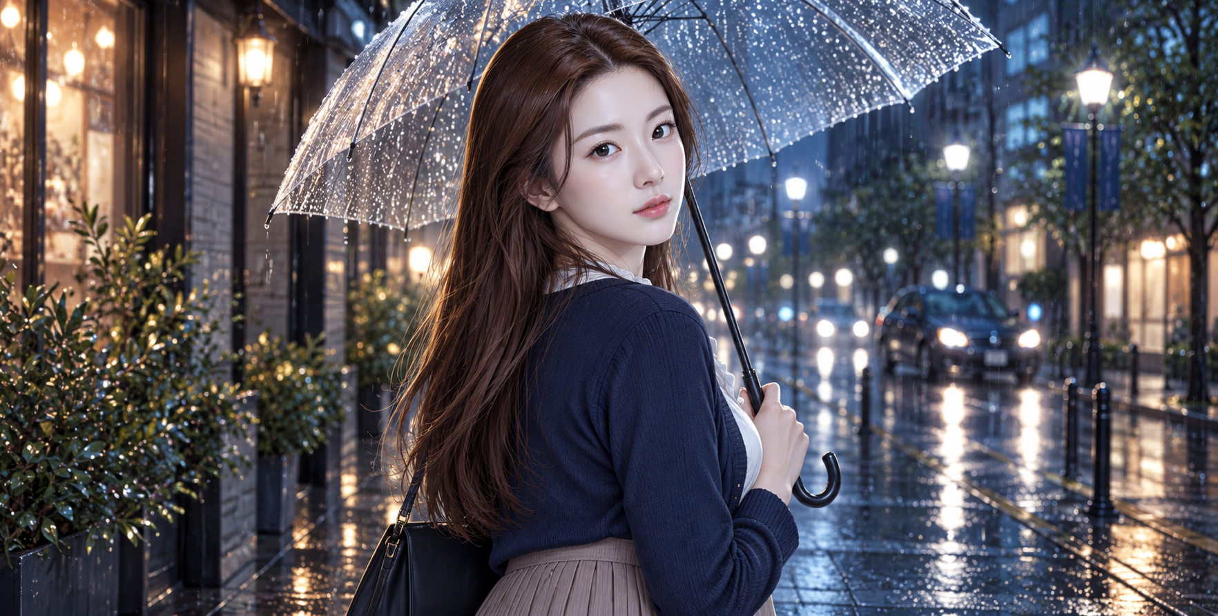雨夜街头透明伞下的成年女性回眸