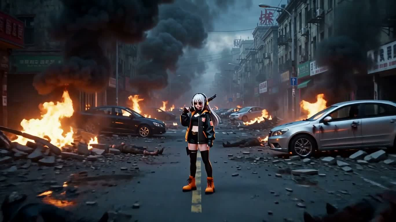 Cô gái cầm súng shotgun trong đống đổ nát