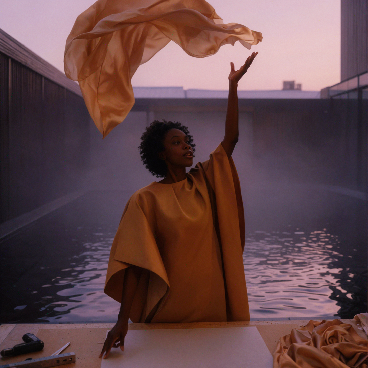 Créatrice de mode africaine · Soie en mouvement · Brume à l'aube — AI image creation