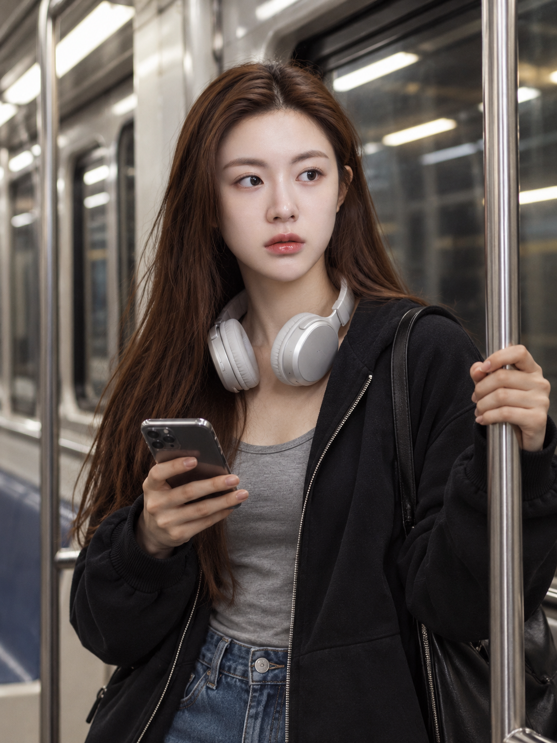 ソウル地下鉄車内の成人女性のストリートドキュメンタリーポートレート