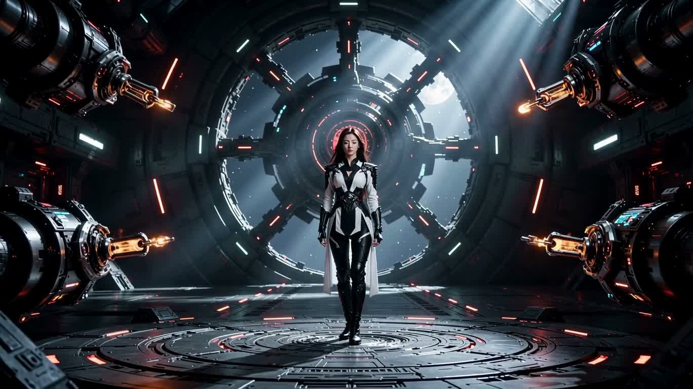 Nữ chiến binh cơ khí trong xiềng xích ánh trăng và tia lửa — AI video creation