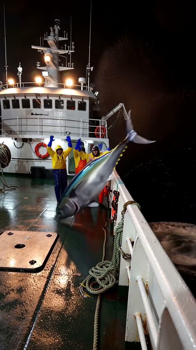 夜海金枪鱼跃船与鲨鱼逼近