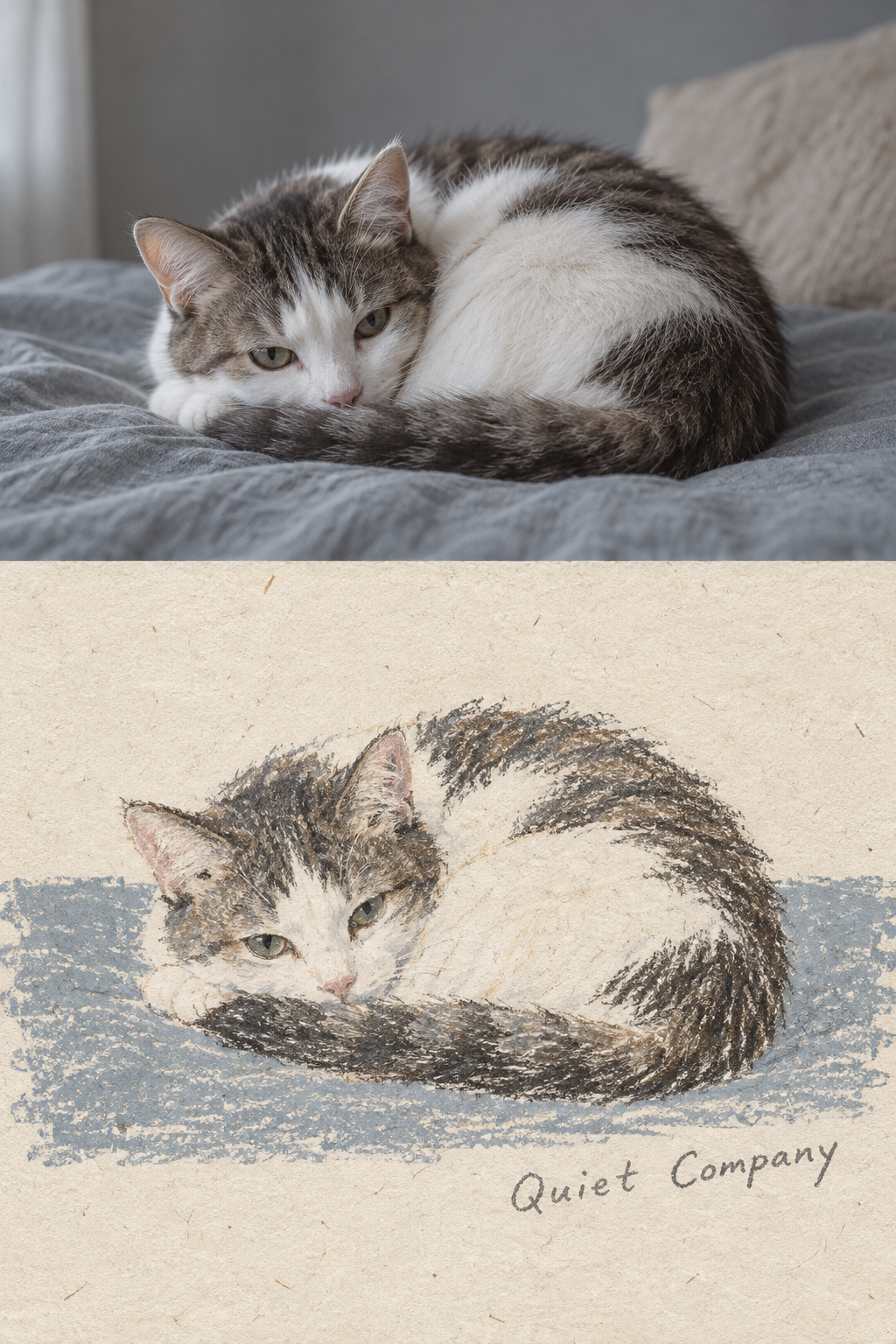 웅크린 고양이의 사실적 사진과 크레용 손그림