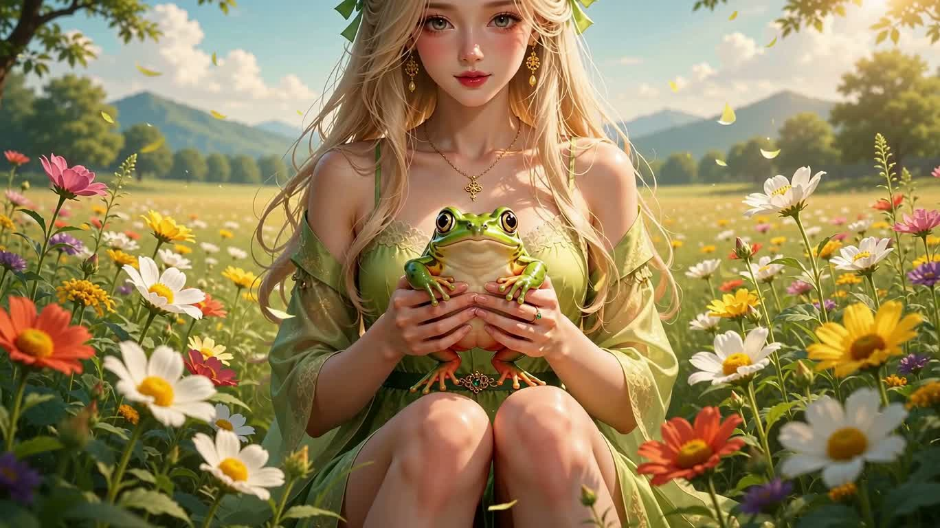 Green Frog Girl in a Sea of Flowers