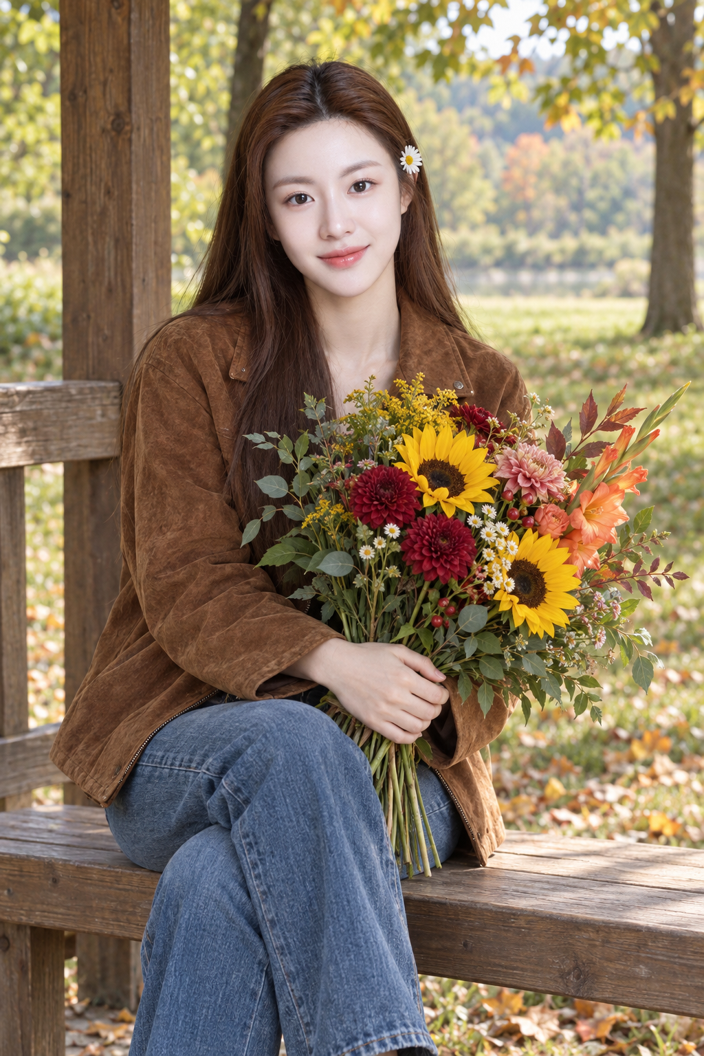 Portrait chaleureux et apaisant d'une personne tenant un bouquet dans un parc automnal