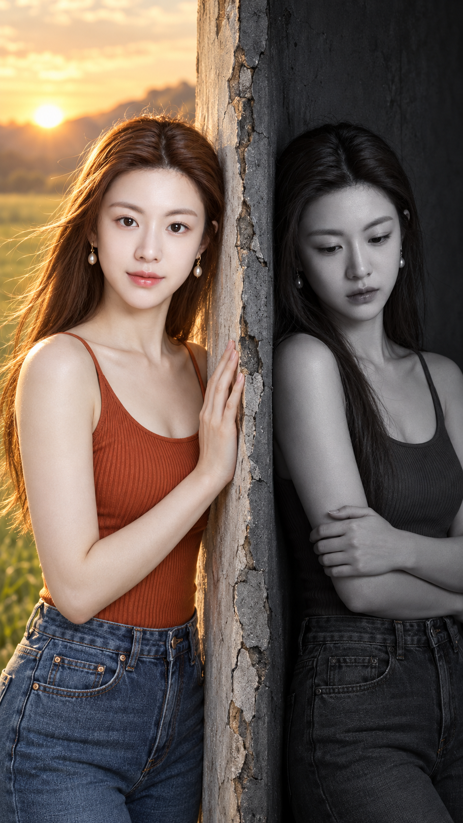 破墙两侧的希望与沉静双重意境人像