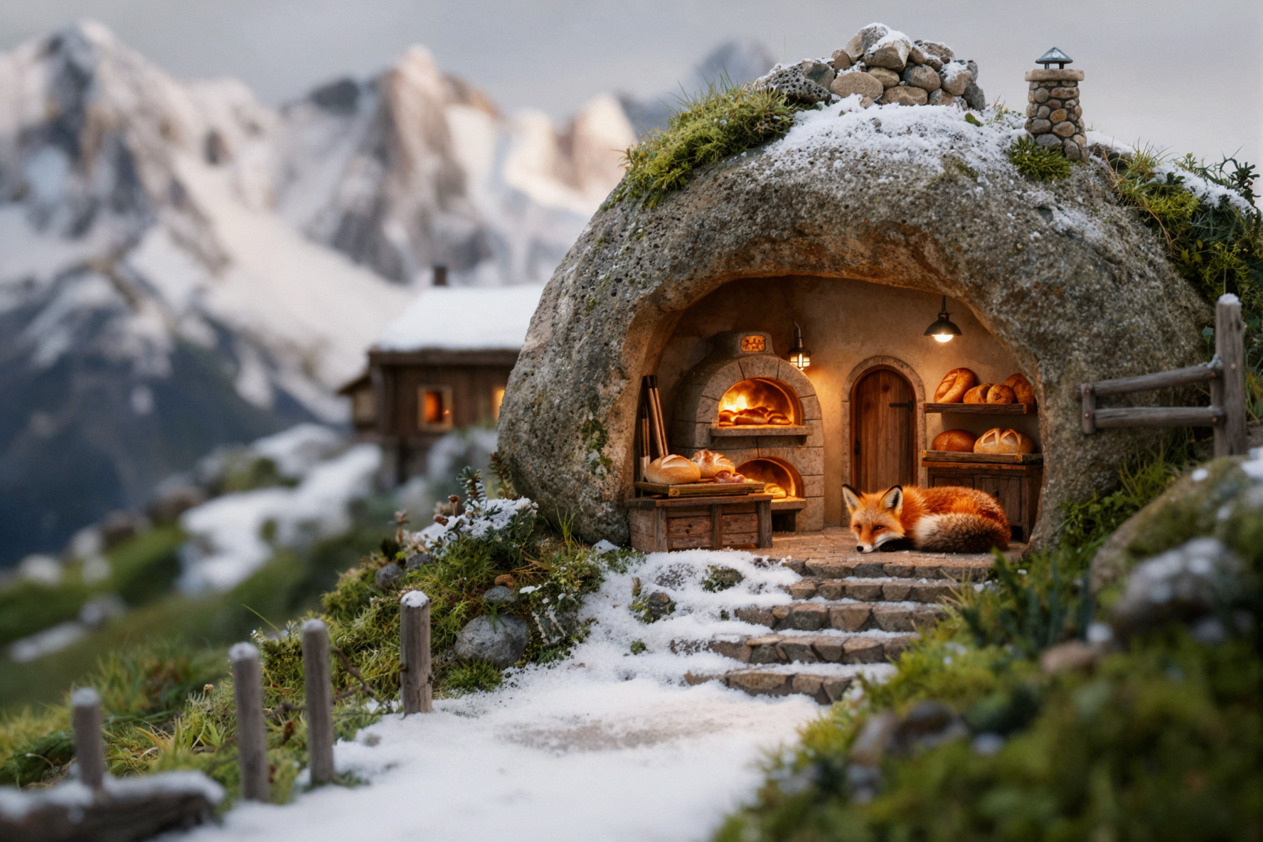 Boulangerie par une nuit de neige · Miniature en tilt-shift