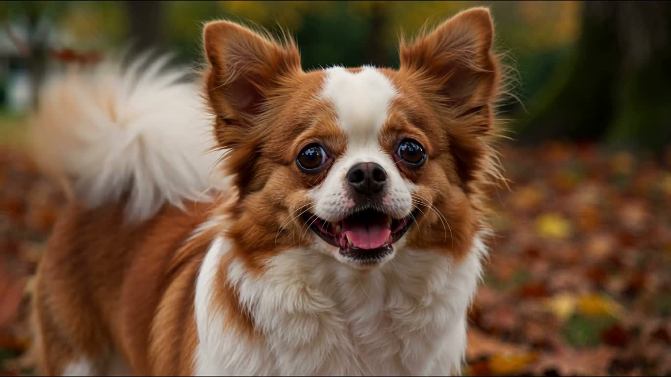 Chihuahua vui vẻ trong lá thu