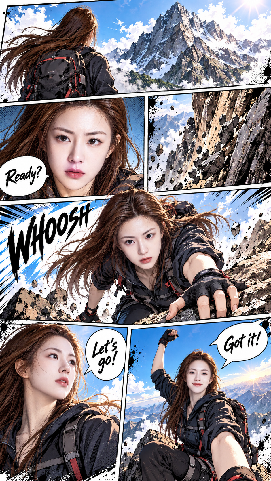 参考人物主演的彩色动态漫画页 — AI image creation