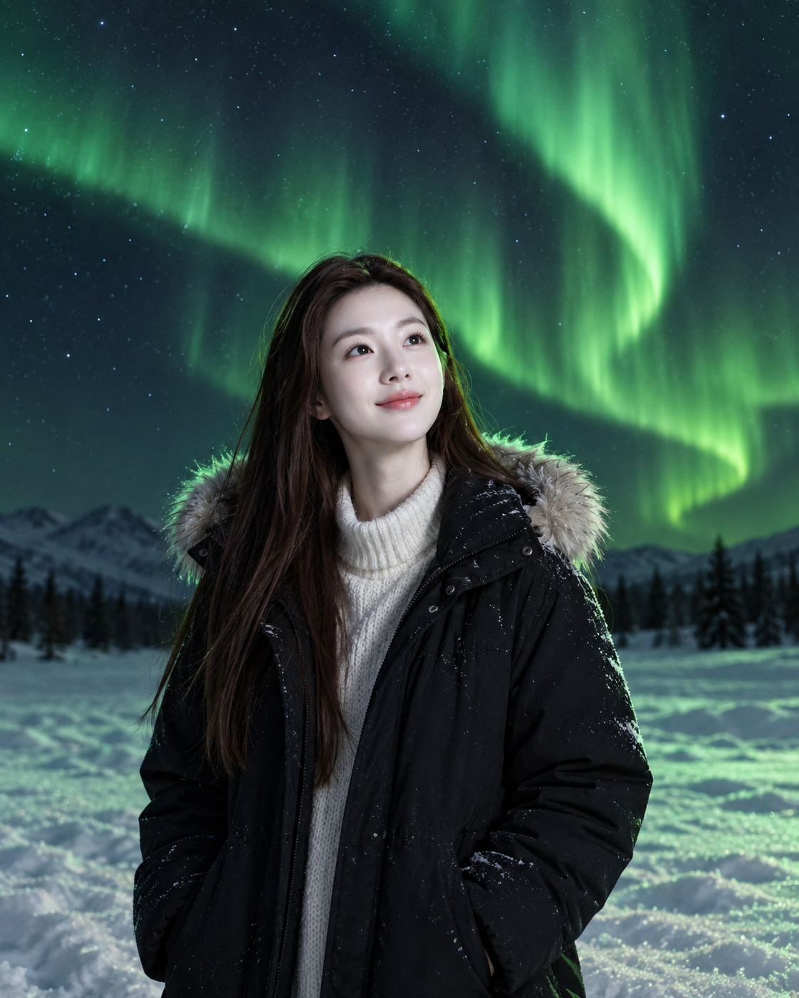 绿色极光下的雪夜微笑人像