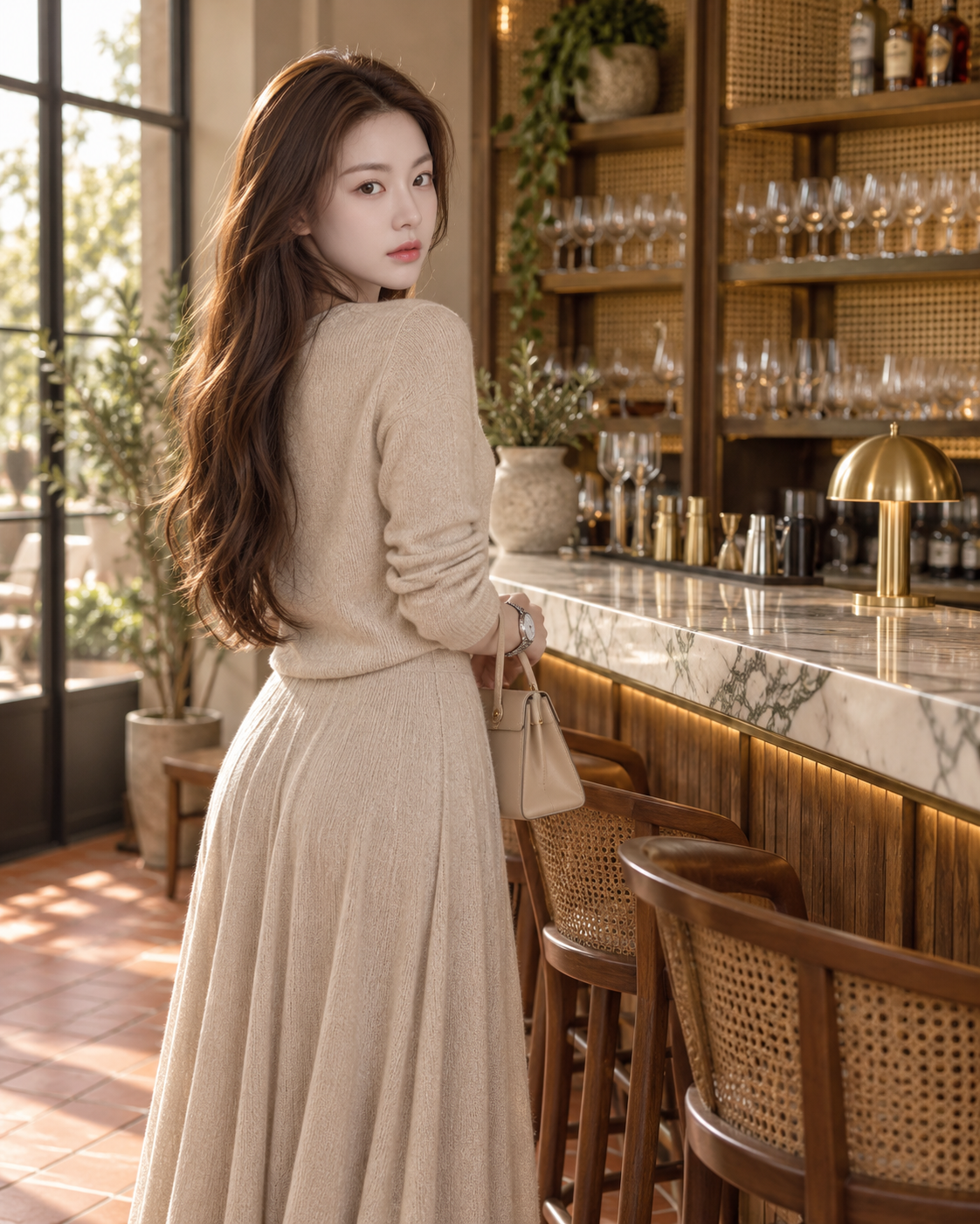 따뜻한 창가 빛 아래 우아하게 뒤돌아보는 바 초상