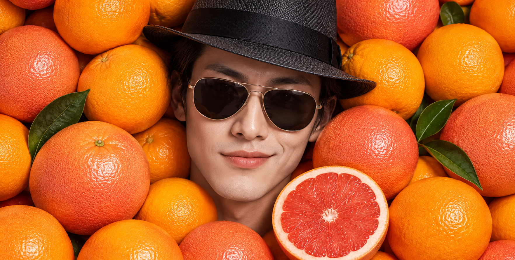 Portrait de mode masculine pop surréaliste aux agrumes
