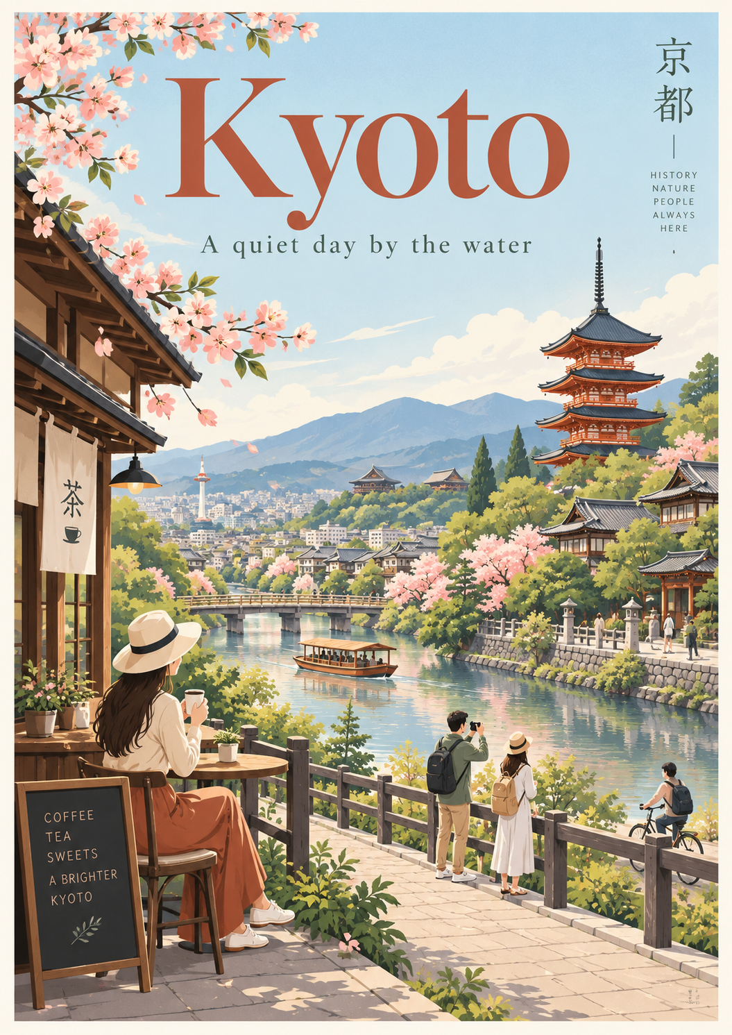 ミニマリスト旅行ポスターイラスト 和風ベクタースタイル