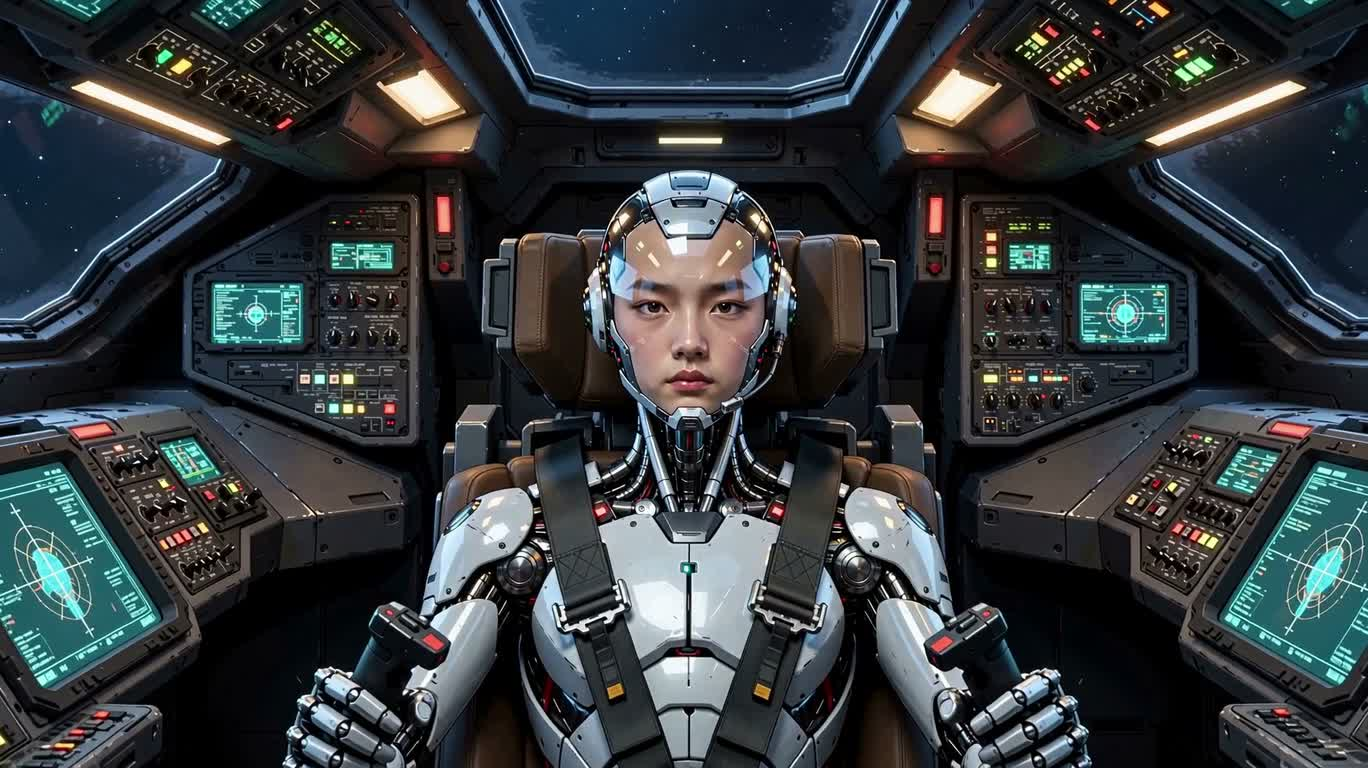 Юный бионический пилот в киберпанк-кабине — AI video creation