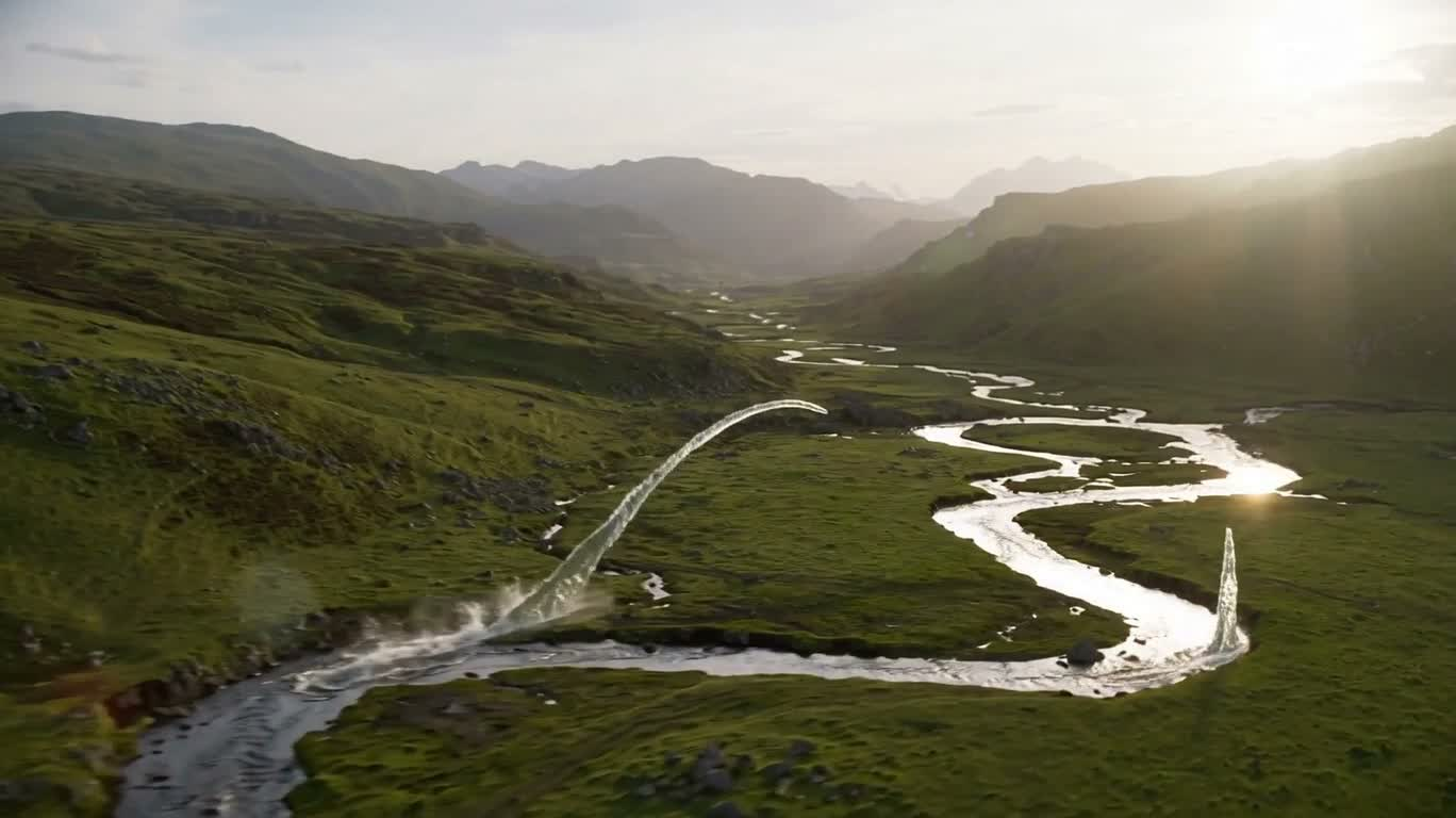 Vallée onirique de la rivière suspendue — AI video creation