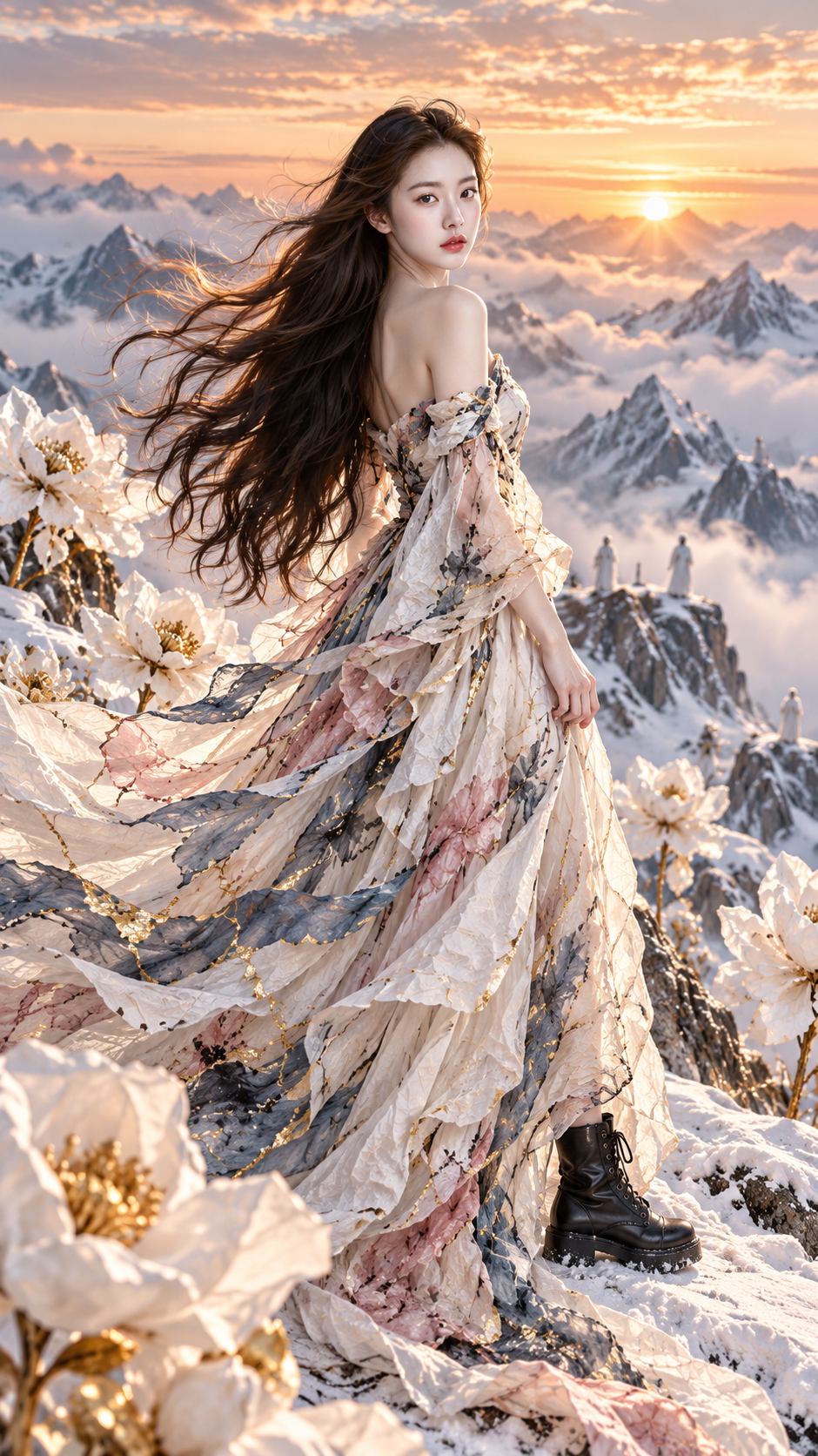 雪山纸花与金缮水墨礼服成年女性人像