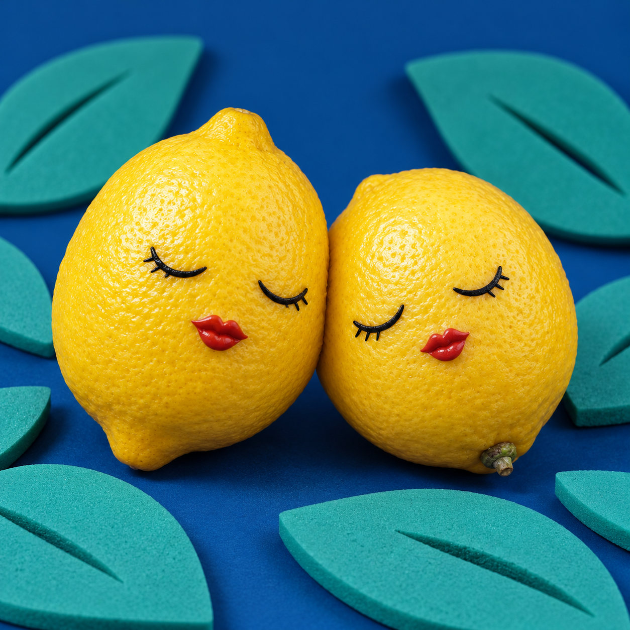 Double portrait surréaliste de citrons sur fond bleu profond