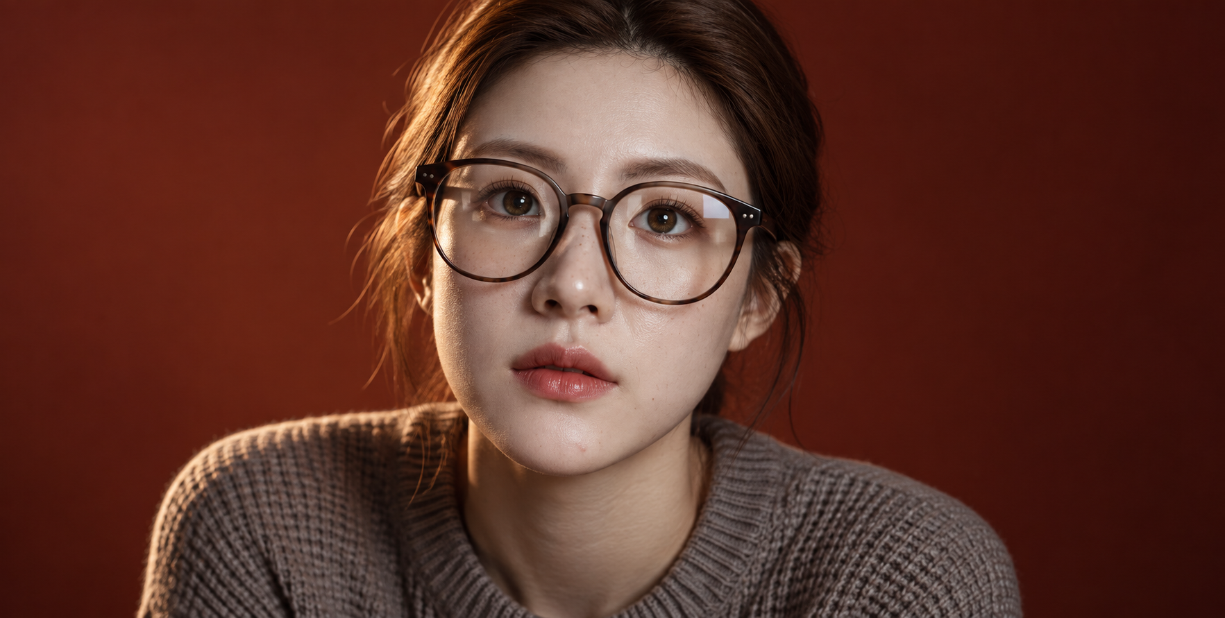 赤陶背景下的成年女性复古眼镜肖像 — AI image creation