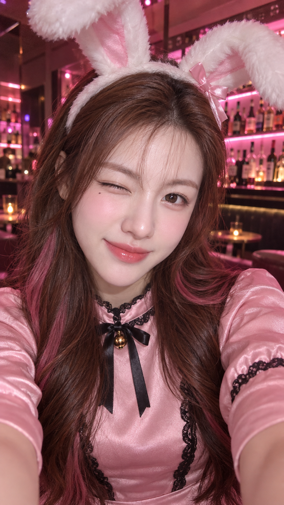 성인 여성의 토끼귀 바 셀카 — AI image creation