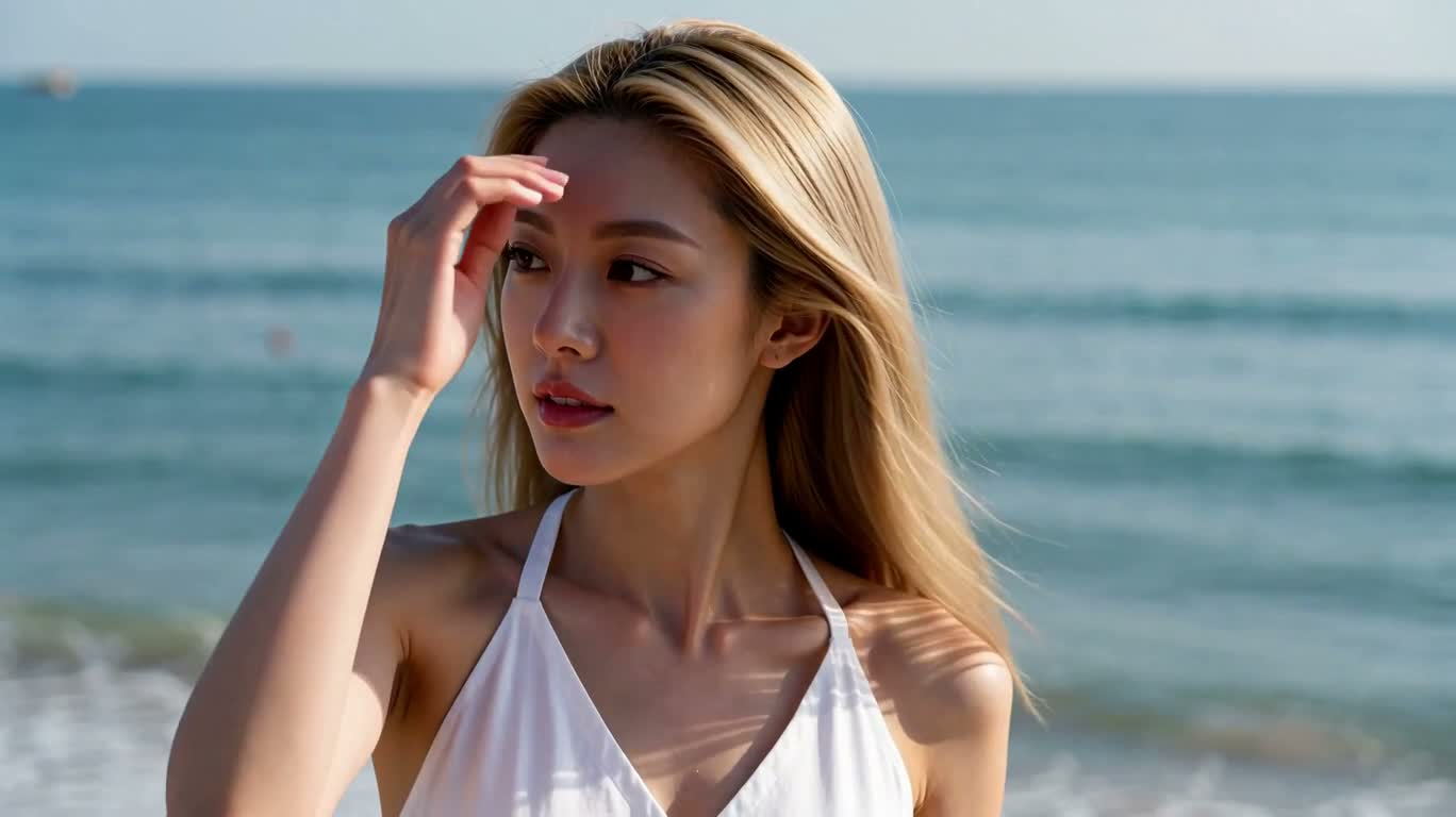 Cô gái tóc vàng trong gió biển