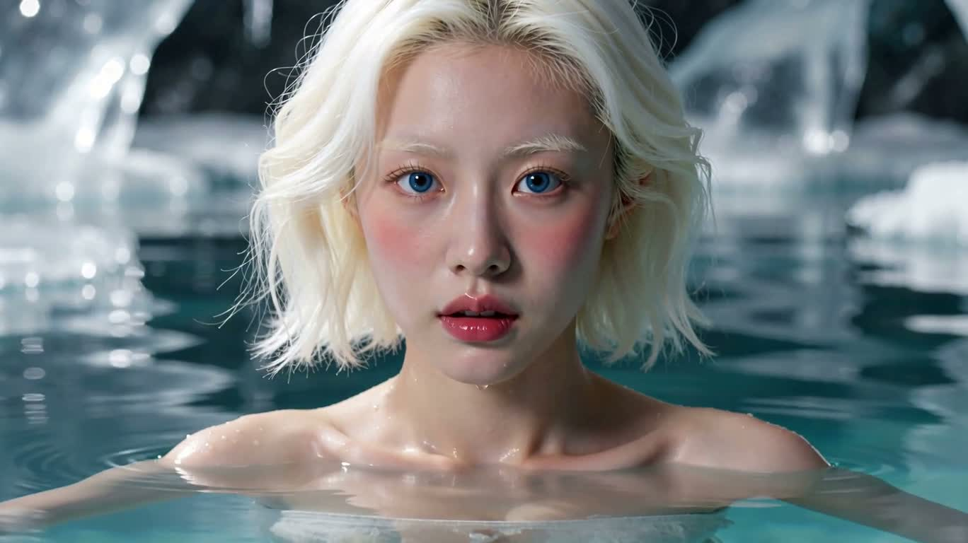 얼어붙은 호수 속 얼음처럼 하얀 단발 여인 — AI video creation