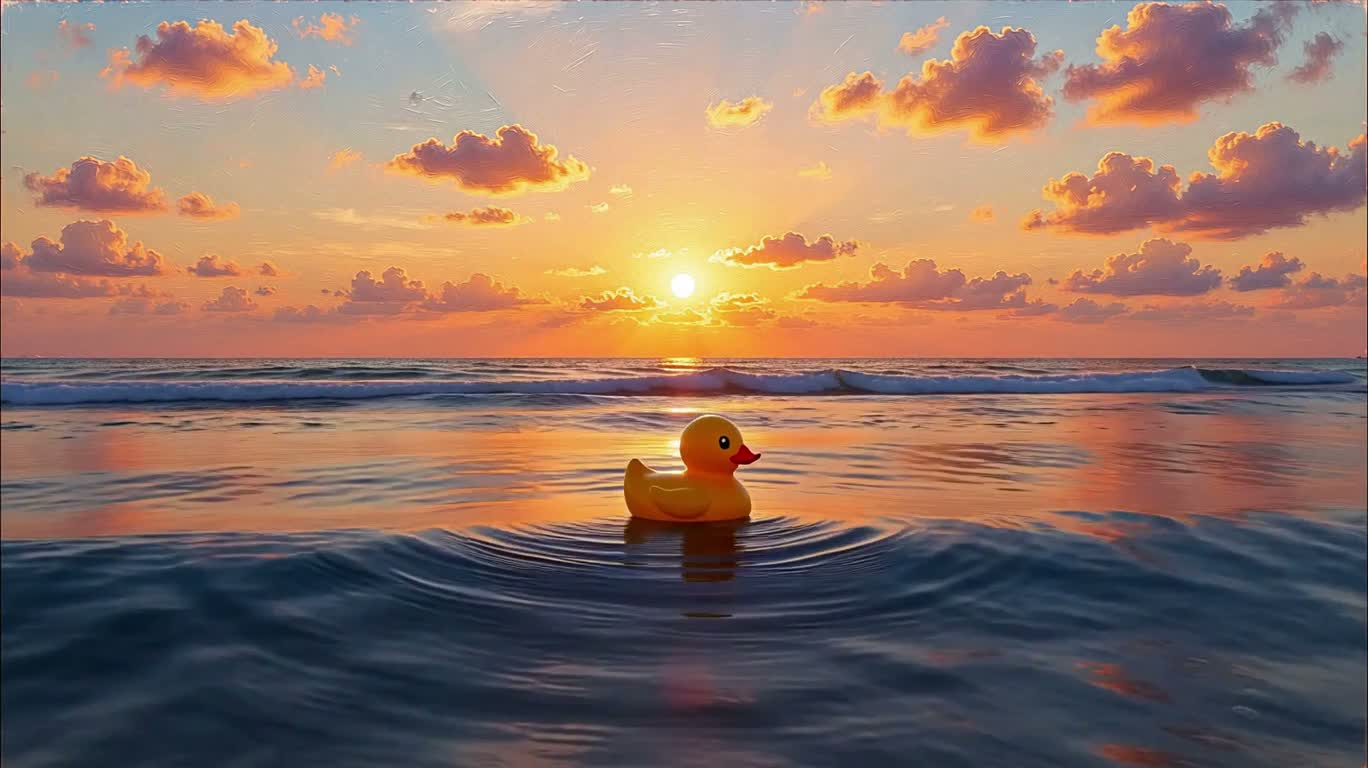 印象派夕阳海浪中的黄色橡皮鸭