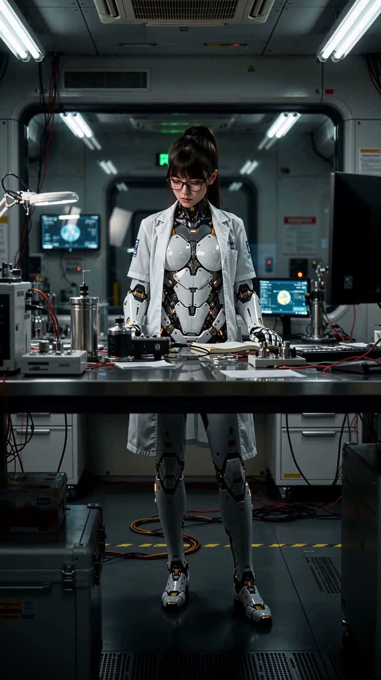 Механический учёный в вертикальной научно-фантастической лаборатории — AI video creation