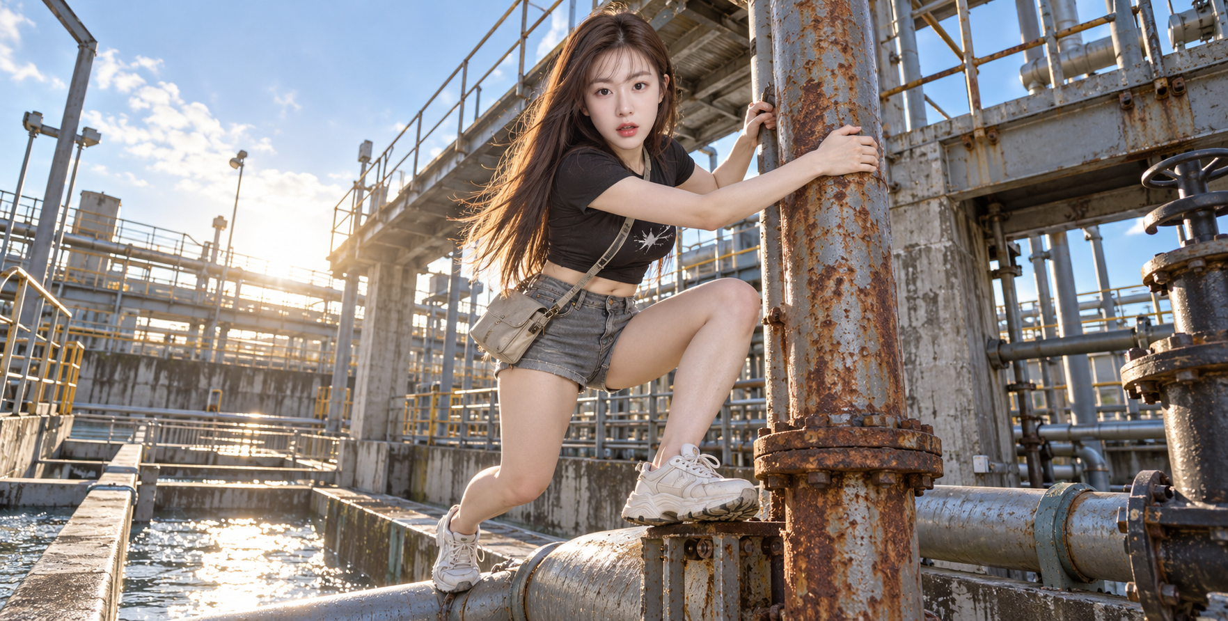 工业水务设施中攀管平衡的成年女性街拍 — AI image creation