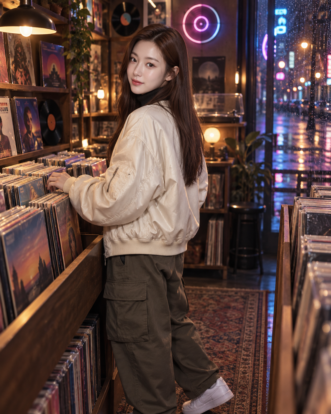 韓国の美女、深夜のレトロなレコード店でファッションポートレート