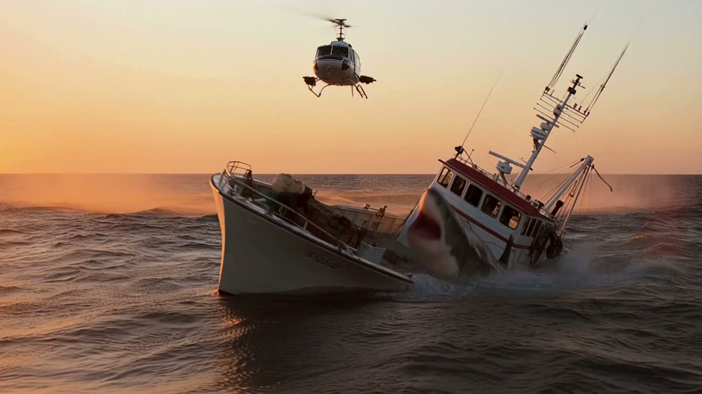 Attaque de requin et évasion explosive sur une mer au coucher du soleil