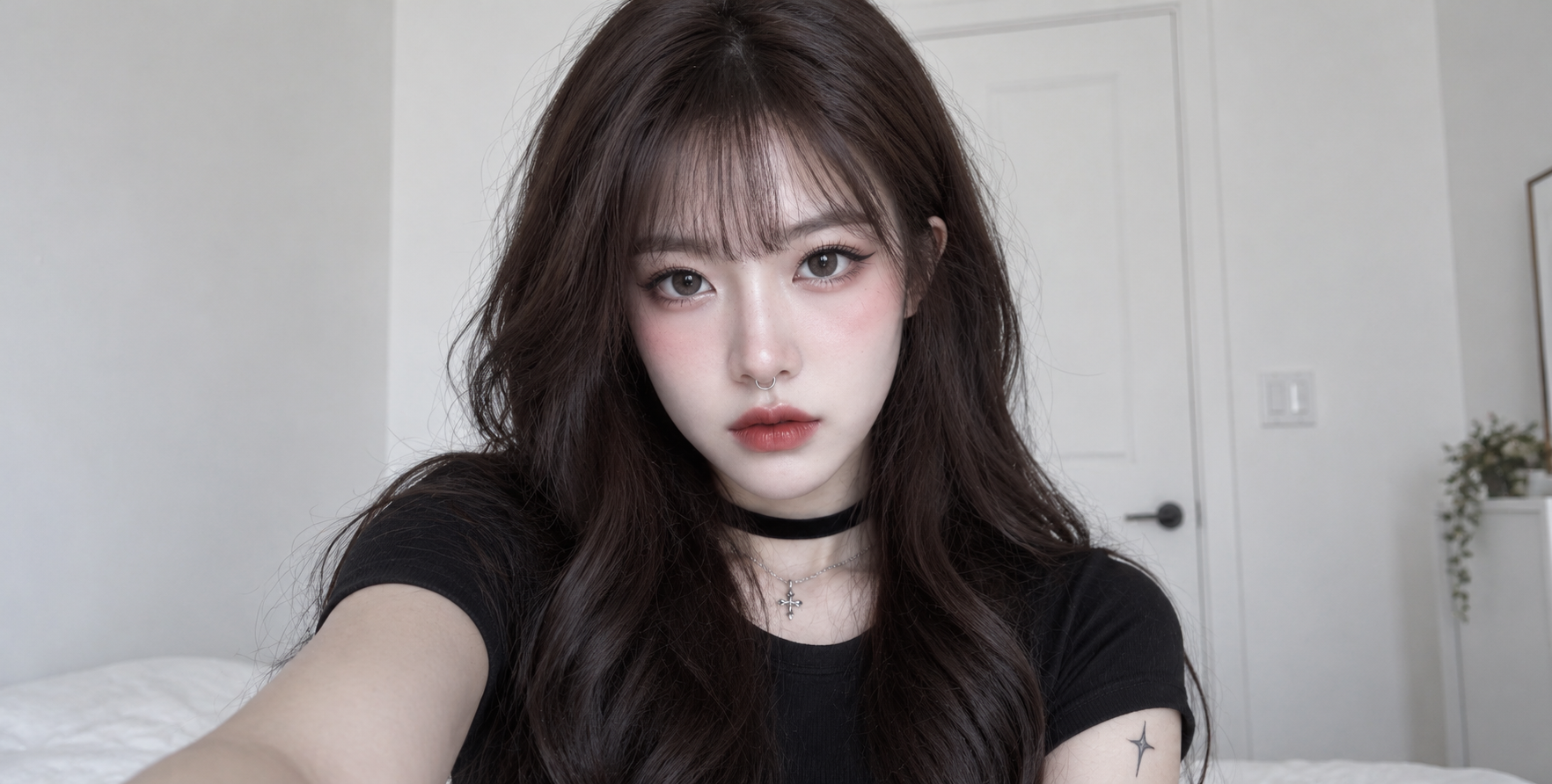 明亮室内的柔和哥特成年女性自拍 — AI image creation