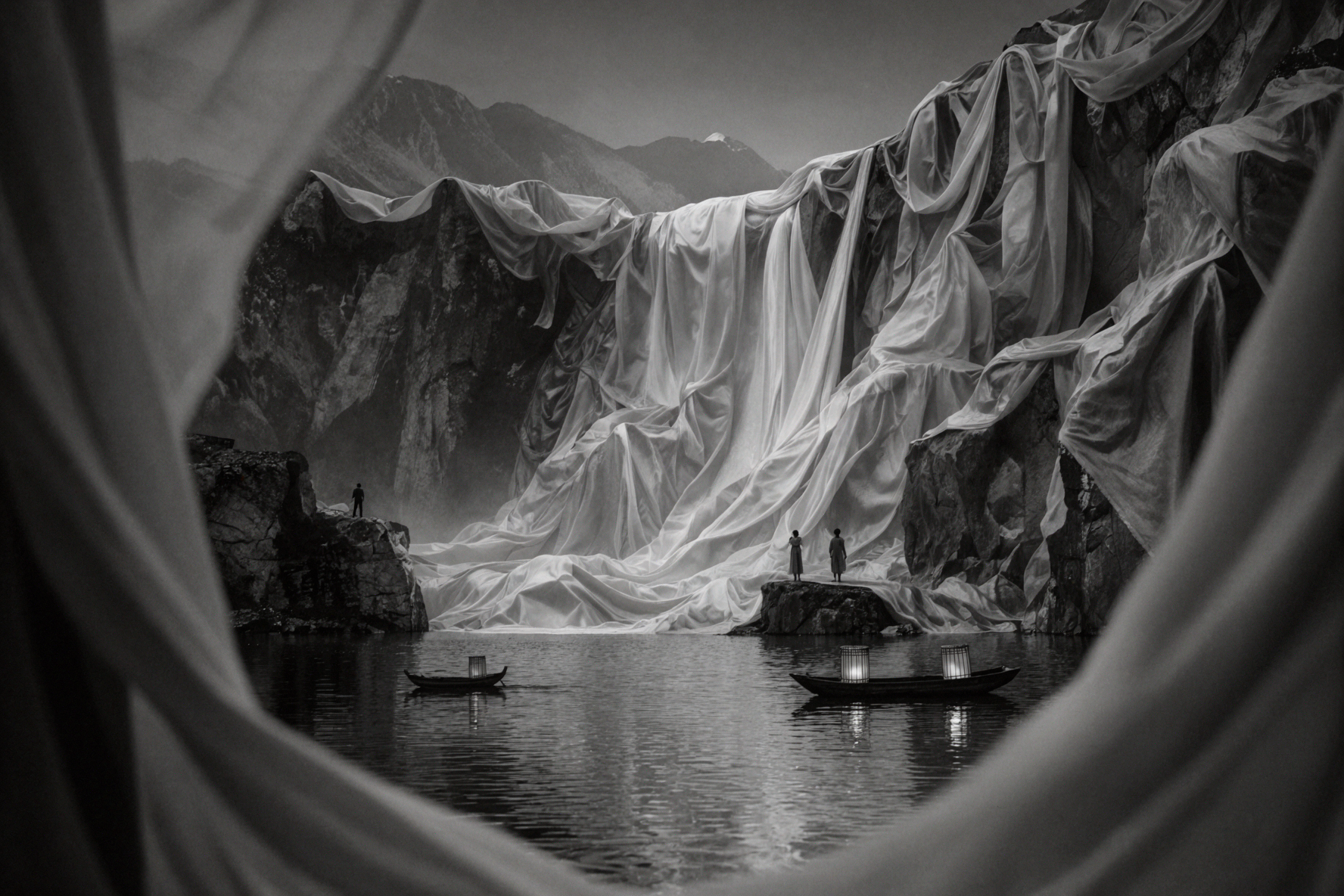 Silk Waterfall · Black-and-White Silver Gelatin — AI image creation