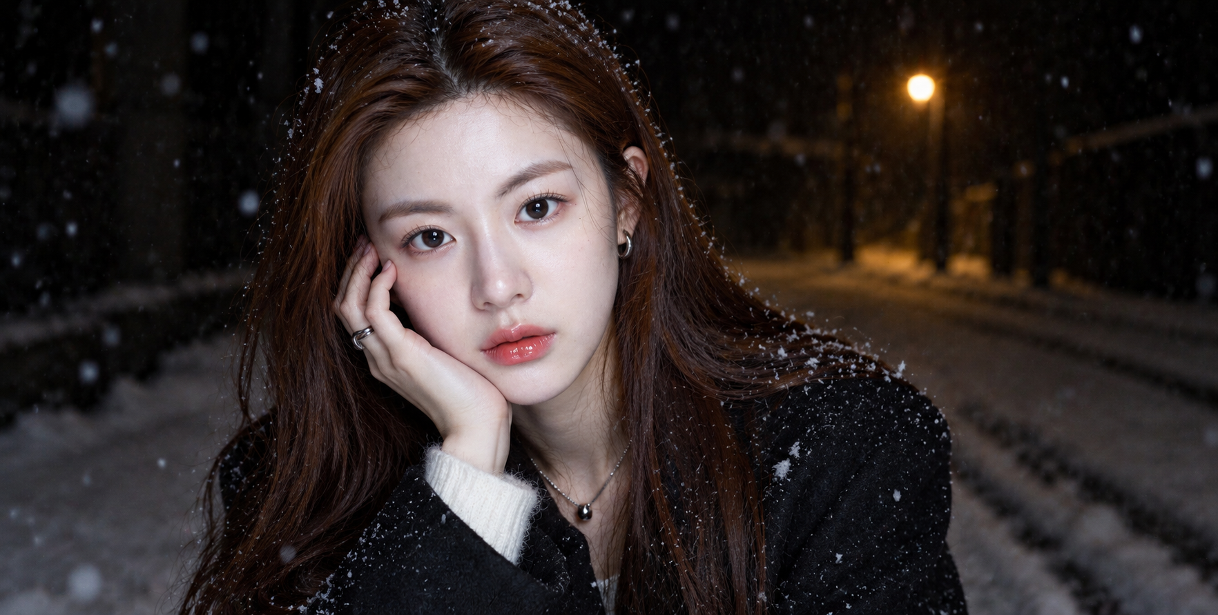 첫눈 내리는 밤거리: Y2K 메탈 액세서리 클로즈업 인물