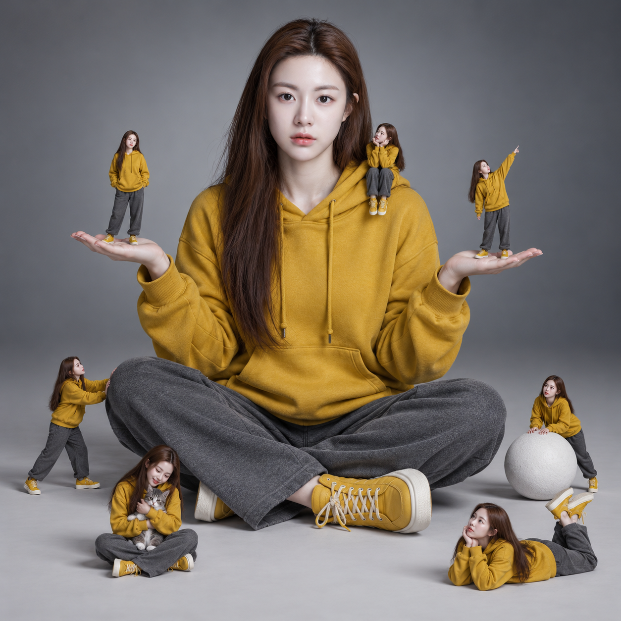 灰色影棚中的迷你分身嬉戏