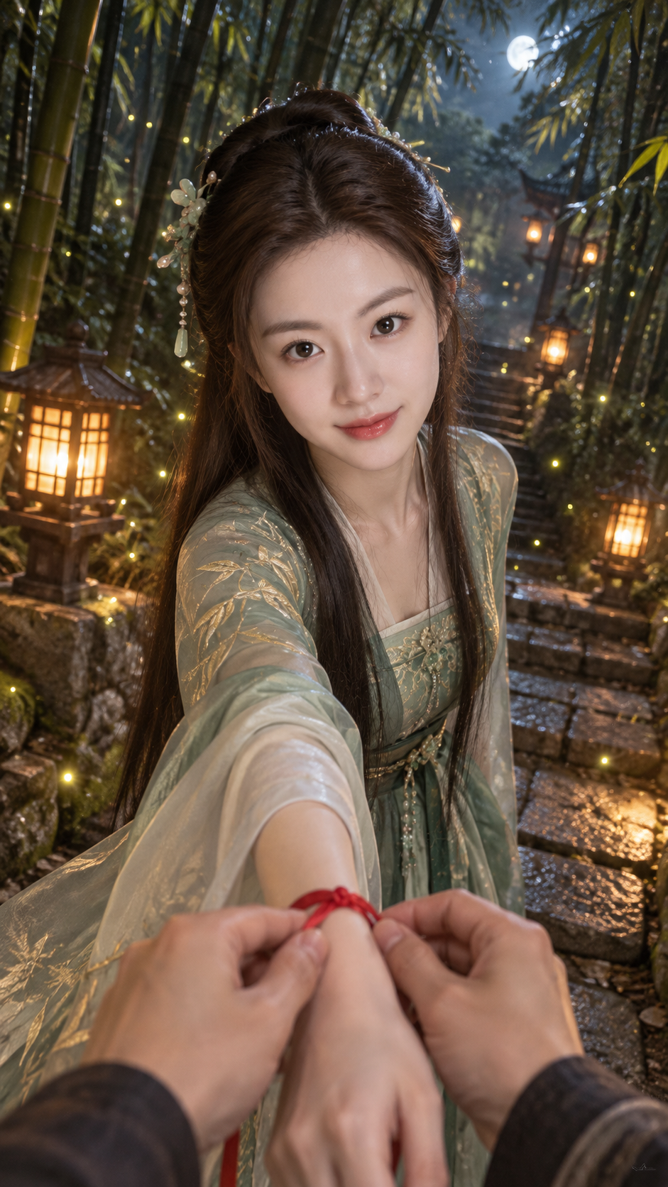 唯美古风竹林萤火手机视角夜景人像