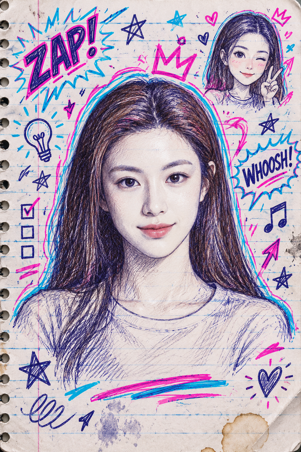 横线笔记纸上的活力漫画涂鸦人像 — AI image creation