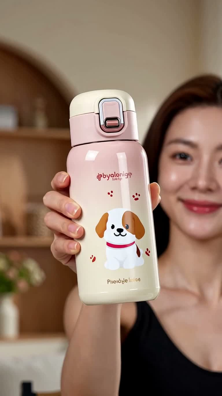 Publicité lifestyle pour thermos rose en forme de chiot