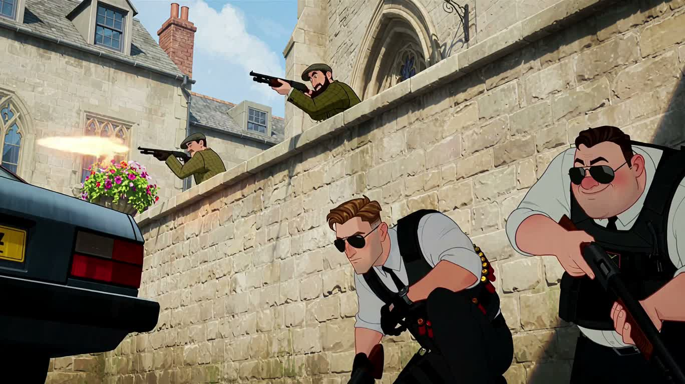 英国の小さな町の二人銃撃コメディ